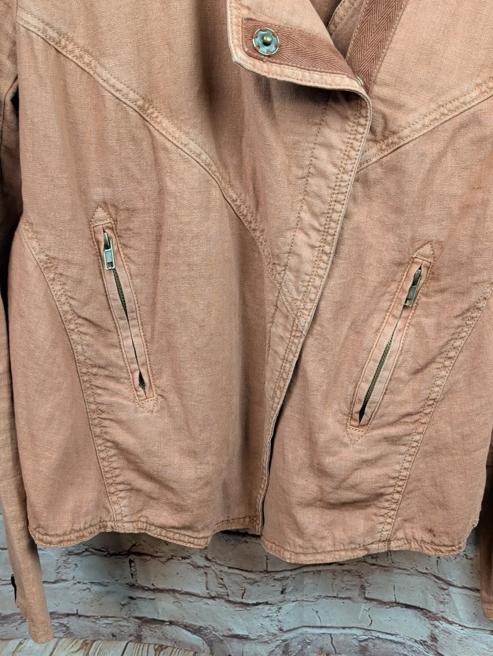 Free People Rosewood Washed Linen Blend Moto Jacket- Womens Size Small Like New - Picture 2 of 8